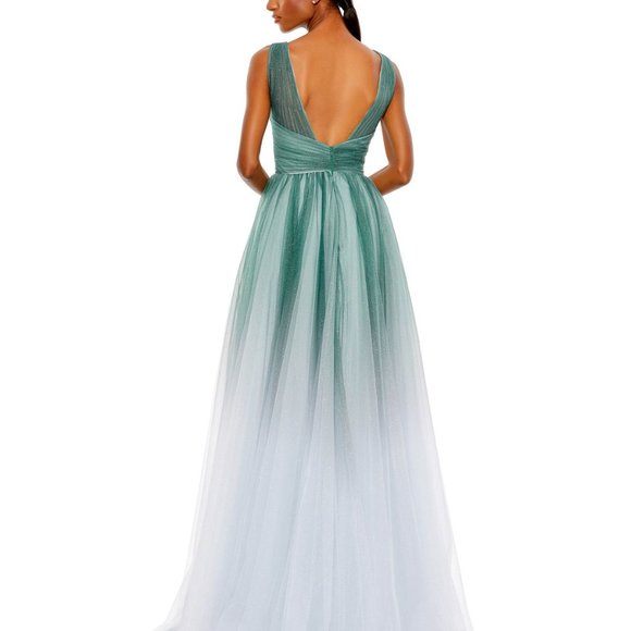 NWT MAC DUGGAL GLITTER JADE BLUE OMBREE V NECK SLEEVELESS BALL GOWN 20380 - Picture 4 of 6